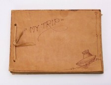 My Trip Leather Photo Album Scrapbook  Paper Vtg Antique Southwest Pyrography