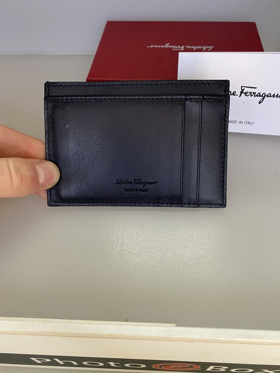NEW SALVATORE FERRAGAMO Black Leather Card Holder Plaque Box