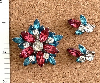  Kramer of New York Pink & Blue Rhinestone Brooch & Earrings VTG Glam Hollywood