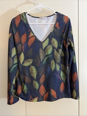 Miss Look knit top size M long sleeve V neck leaf pattern multicolor Misslook