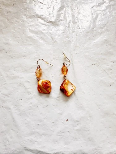 Vintage Costume Jewelry Abalone Shell and Rhinestone Hook Earrings 2 Inch