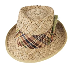 Vintage 1960's boys natural palm fedora hat whisk broom feather detail S