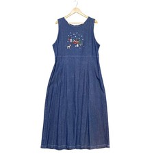 Vintage Woolrich Womens L Denim Dress Embroidered Winter Scene Sleeveless Belted