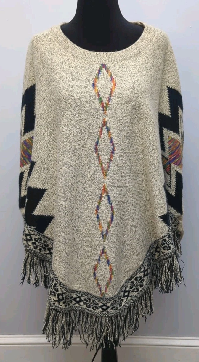 A4 Color Swatch Colored Diamond Thick Knit Poncho Fringe Sleeve Southwest Aztec