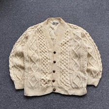 Vintage Aran Knit Cardigan Sweater Cable Chunky Fisherman Wool Cream Mens L
