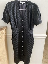 Victor Costa Vintage Black Satin Polka Dots Dress Rhinestone Buttons SZ 10