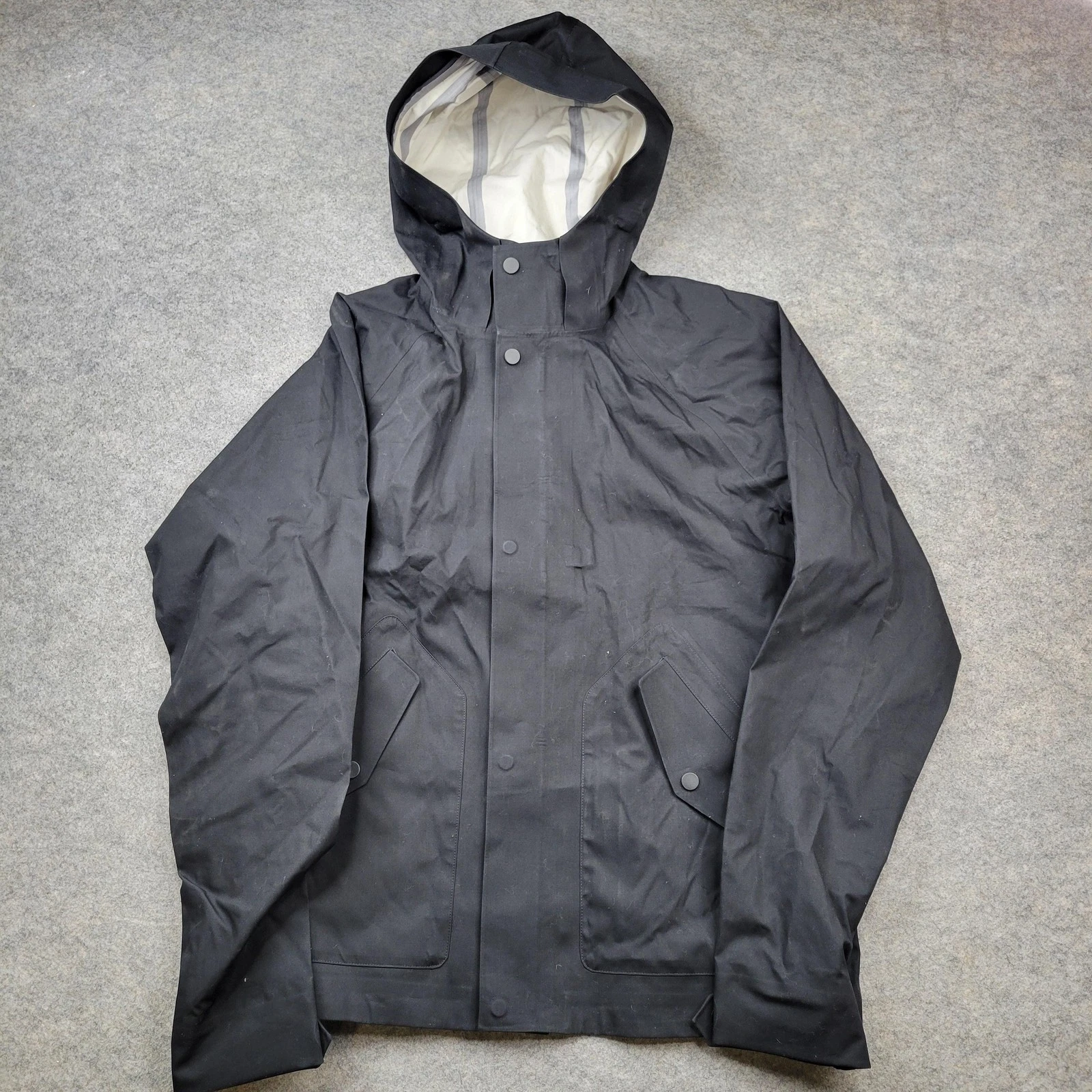 Everlane Jacket Mens Medium Black Hooded Snap Rain Coat Lined Canvas Outdoor