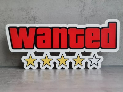 Schild WANTED GTA 4 Sterne Schriftzug Logo Gaming Setup Dekoration 16cm