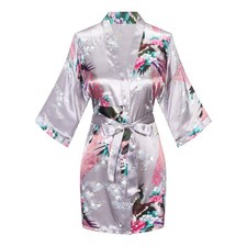 Womens Short Kimono Robes Bride and Bridesmaid Satin Floral Bathrobe Peacock ...