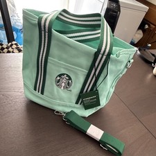 Starbucks Green White Canvas Tote Bag Striped Handles w/ Shoulder Strap NEW .