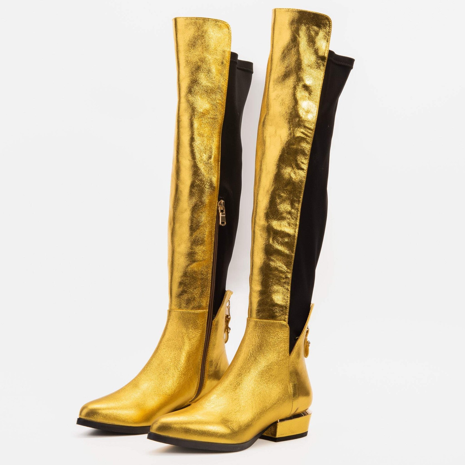 The Fairoks Gold Leather Pointy Toe Knee High Women Boot image 2
