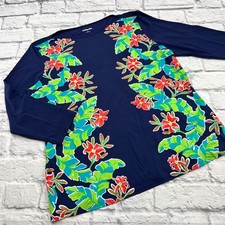 Lands End Navy Blue Tropical Floral Rash Guard Swim Shirt Women's Large 14-16