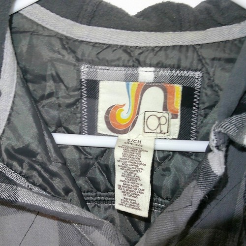 Vintage Ocean Pacific Quilted Flannel Shirt Jacket Hooded Plaid Gray Black S - Picture 3 of 3