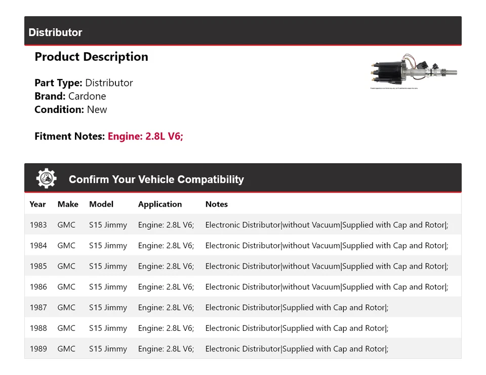 Para 1983-1989 GMC S15 Jimmy 2,8 L V6 Distribuidor Cardone 1984 1985 1986 1987 1988 Foto 2 de 4