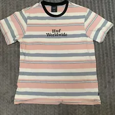 HUF Worldwide T Shirt Mens Medium Pink Blue Horizontal Striped Embroidered