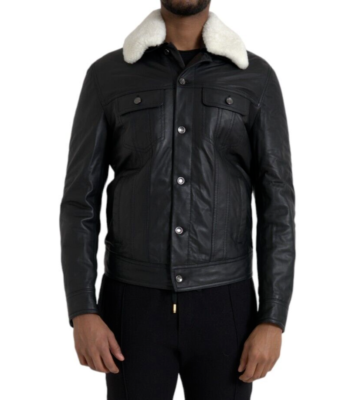 DOLCE & GABBANA Jacket Black Leather Fur Collar Biker Coat IT46