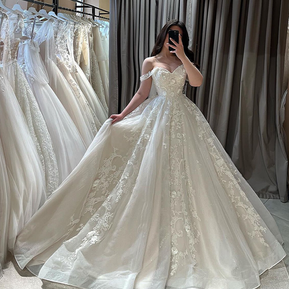 blue dress for baby girl Off-the-Shoulder Wedding Dresses Ball Gown With Lace Long Sleeves – 27dress main image 0