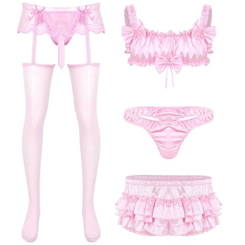 Men's Sissy Silky Satin Frilly Crop Top and Ruffled Bloomers Skirted Panties - Picture 2 of 90