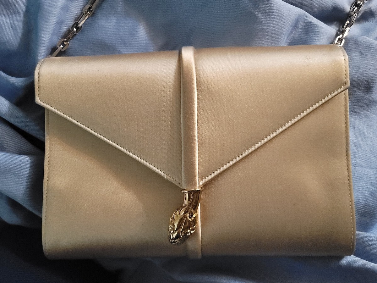 Yves Saint Laurent Vintage Beige Satin Snake Heads Clutch Bag w