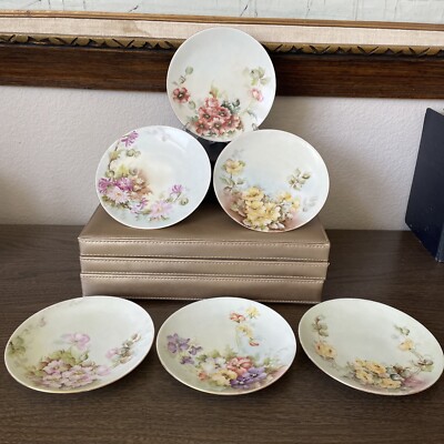 6 Antique O & E.G. Royal Austria Handpainted Floral Bread Dessert Plates Signed