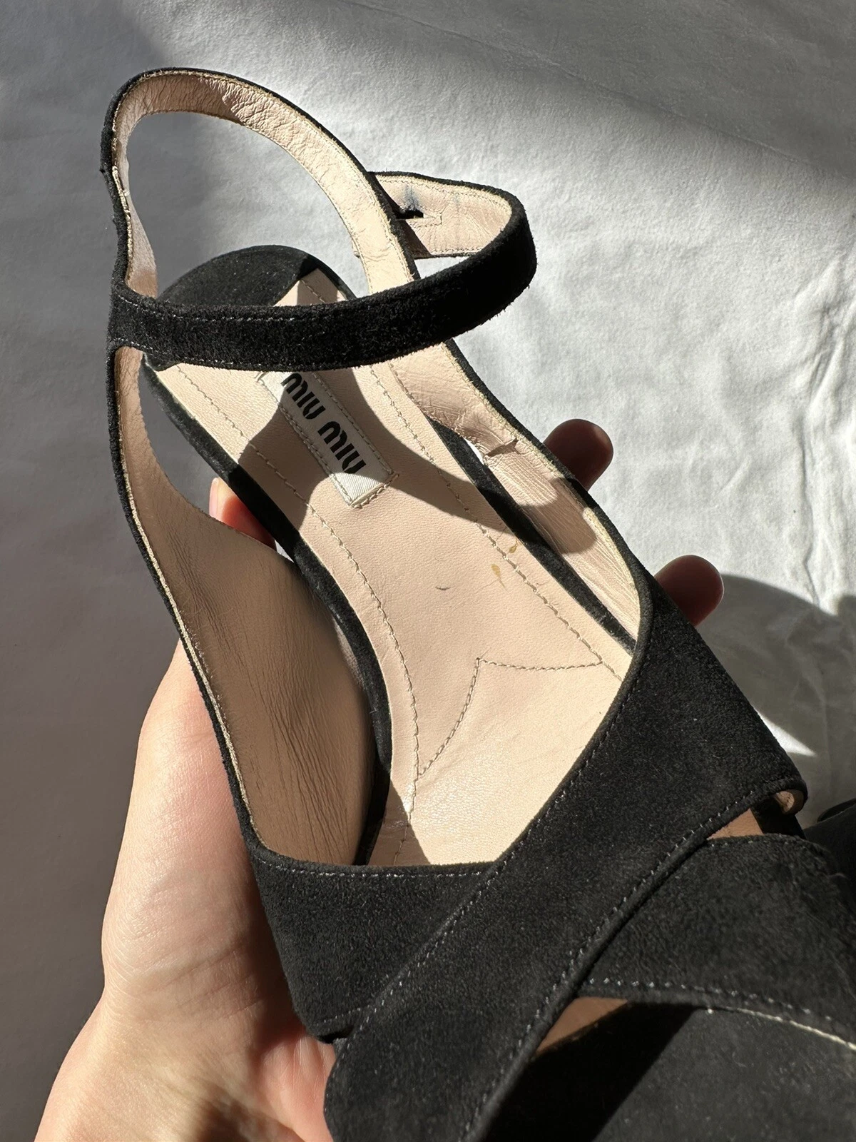 Miu Miu sandalo nero scamosciato punta aperta cinturino plateau slingback pompa tg 39