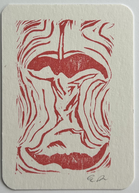 aceo original art by Emily Beck, mini linocut, Apple Print 3,3.5 x 2.5 in
