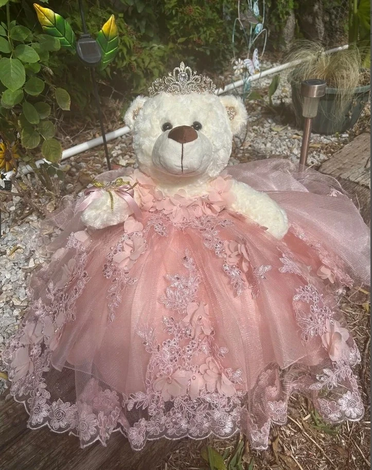 Baby Pink Mini Quinceanera Teddy Bear Dresses Exquisite Beaded Lace Applique