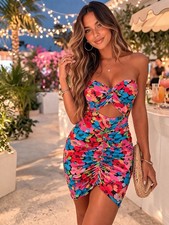 ASOS Design Bright Floral Bandeau Strapless Bodycon Wrap Cutout Dress Size 4