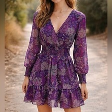 Michael Kors Purple Metallic Floral Smocked Waist Dress XS Boho Festival