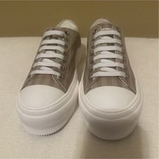 Burberry Unisex Beige White Check Canvas Lace-Up Platform Casual Sneakers