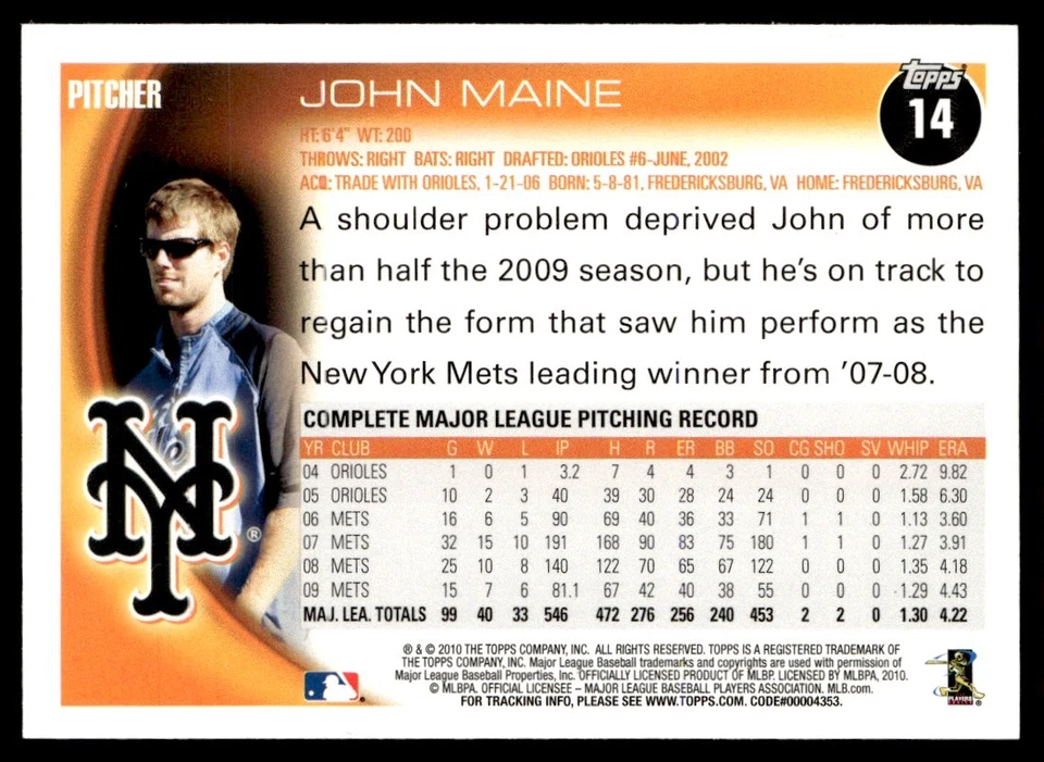 2010 Topps Opening Day John Maine New York Mets #14 - Image 2 of 2