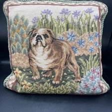 VINTAGE ENGLISH BULLDOG WOOL Velvet NEEDLEPOINT  Pillow Cottagecore Romantic