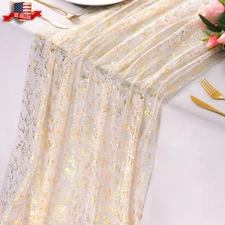 10 Ft Gold Table Runner, Sheer Gauze Chiffon Tulle Cheesecloth Sequin Glitter Me