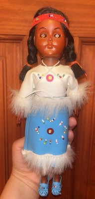 Vintage 11  Plastic Native American Indian Girl Doll W/ Papoose Baby;  eyes move