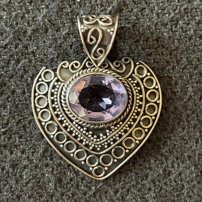 Vintage Artisan Crafted Amethyst Sterling Silver Pendant  Stamped 925