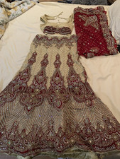 Women  s Beige Satin Embellished Choli Blouse w/ Lehenga Skirt  Red Dupatta