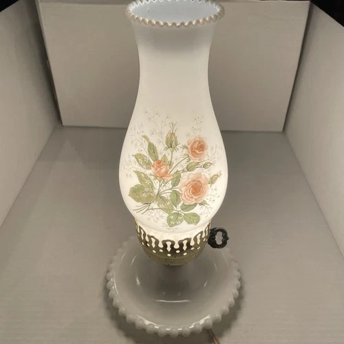 VTG Milk Glass Hurricane Lamp Hobnail Hand Painted Pink Roses Key Turn Knob