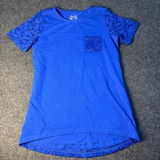 Denim & Co Top Womens 2XS Blue Floral Lace Lined Round Neck Curved High Low Hem
