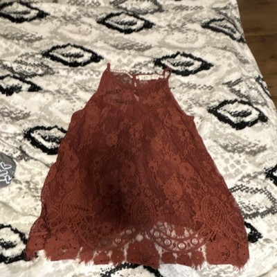 Jolt Lace Cropped Tank Top High Neck Sleeveless Floral Rust S