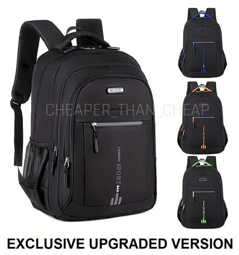 Black Backpack Rucksack Large Upgraded Mens Womens Bag Travel Work School Sports