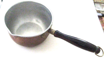 Vintage 1960s Tin Lined Small Copper Pot 4 1/2'' Diameter w/ Wooden Handle