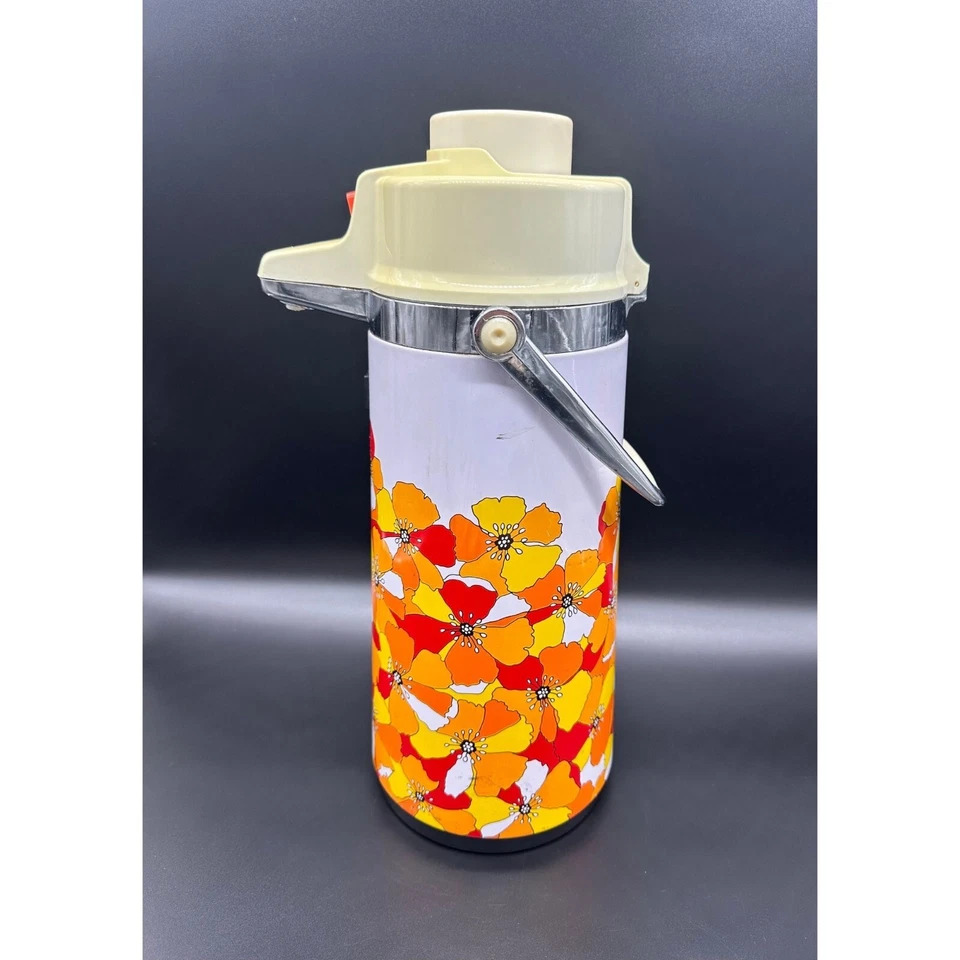 Dispensador de bebidas vintage cafetera aire maceta Flower Power naranja amarillo amapolas años 70 Foto 2 de 4