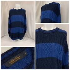 Brooks Brothers Sweater L Men Blue Stripe 100 Cotton Weave Crewneck YGI Q1-65