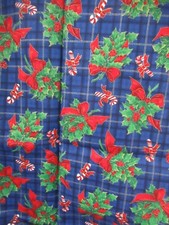 CHRISTMAS HOLLY GREENERY BERRIES CANDY CANES BLUE PLAID Cotton Fabric SBTY X 44