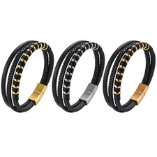 Mens Multi-layer Braided Leather Stainless Steel Magnetic Buckle Bracelet Bangle