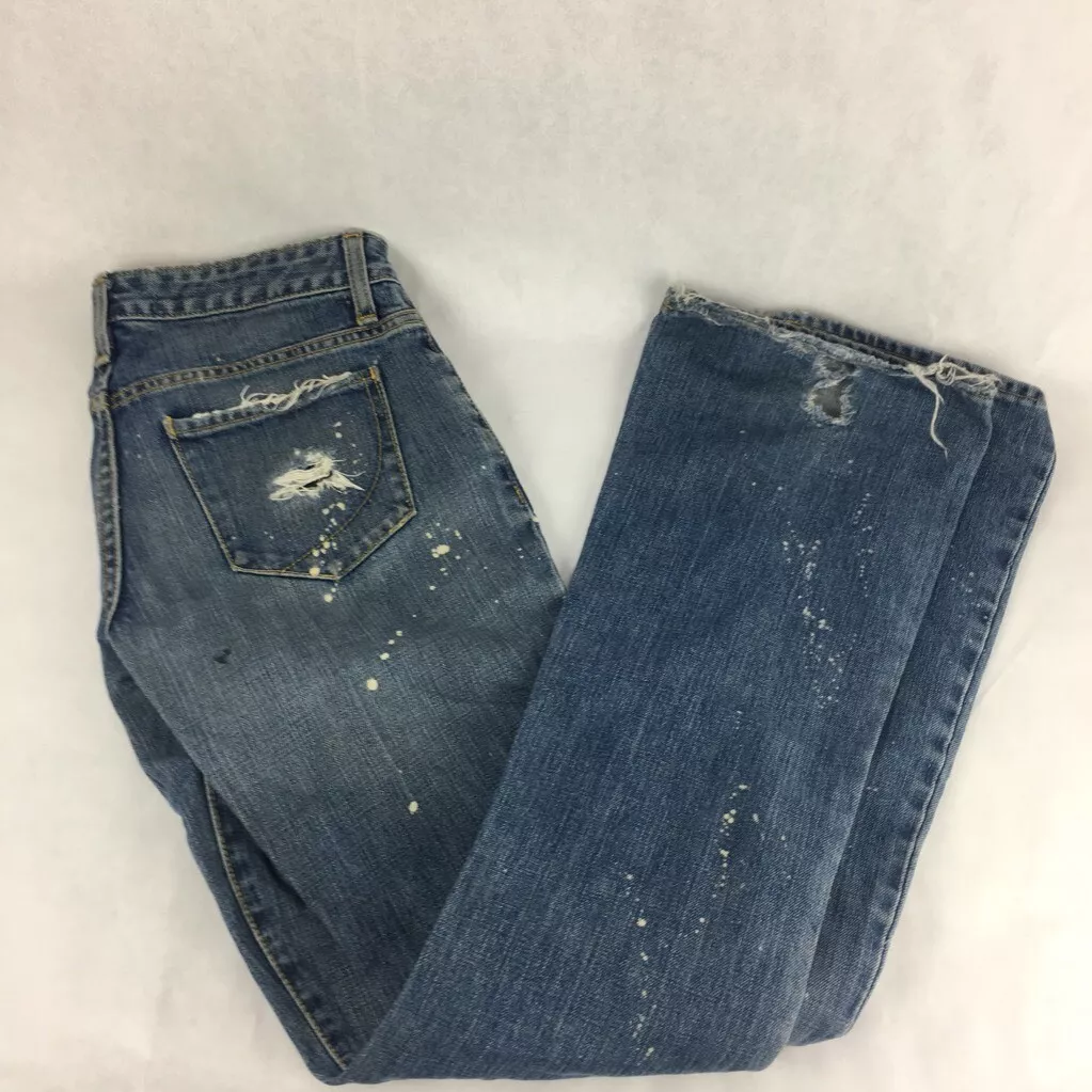 Paper Denim Cloth Womens Ripper Jeans Blue Paint Splatter Distressed Cotton 26