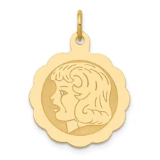 14K Yellow Gold Girl Head on Engravable Scalloped Disc Charm Pendant L-0.99 Inch