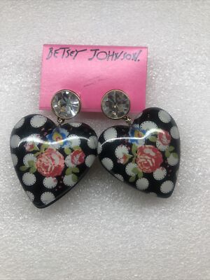 Betsey Johnson Polka Dot Lucite Roses Puffy Heart Drop Earrings Nwot Rare