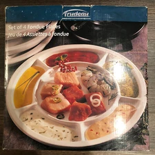 Trudeau Divided 6 section 10" White Stoneware Fondue Plates Set of 4 ~ NIB