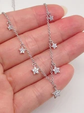 925 Sterling Silver Dainty Cz Star Charm Station Choker Necklace 2.5mm 5mm 15.5"